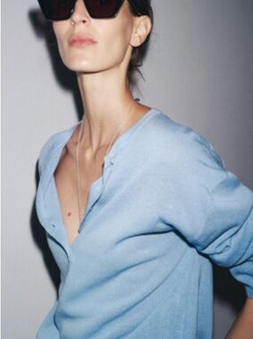 Zara knit sweater Henley button down Light Blue V Neck Top shirt
